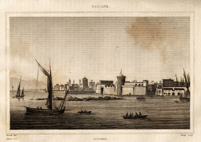 टस्कनी में लिवोर्नो का दृश्य। स्टोरेटी द्वारा "इटली सुरम्य" में उत्कीर्णन, एमेबल कोस्टे संपादक, पेरिस द्वारा इतालवी स्कूल