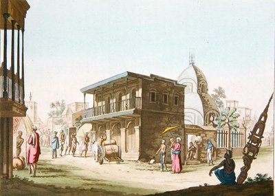 मिलान में प्रकाशित जी. लैंकॉन द्वारा उकेरी गई जूल्स फेरारियो की 'ले कॉस्ट्यूम एंसीन एट मॉडर्न' से कलकत्ता में एक सड़क का दृश्य द्वारा इतालवी स्कूल
