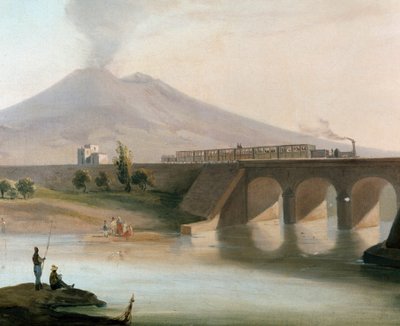 1844 में उद्घाटन नेपल्स क्षेत्र में टोरे अन्नुंजियाता और नोकेरा के बीच रेलवे लाइन का दृश्य, वेसुवे पृष्ठभूमि में दिखाई देता है (नेपल्स के पास टोरे अन्नुंजियाता और नोकेरा के बीच रेलवे लाइन का दृश्य) - 19 वीं शताब्दी के म्यूजियो नाज़ियो की पेंटिंग द्वारा इतालवी स्कूल