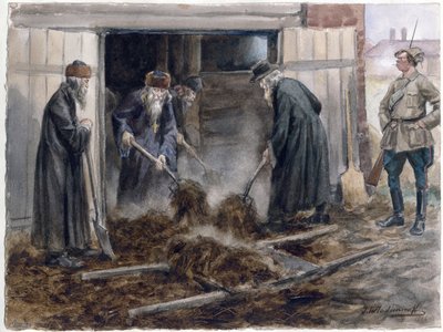 Le clerge russe pelletant le fumier - रूसी पादरी घास फावड़ा चलाते हुए: सितंबर 1918 (रूसी क्रांति के जलरंगों की श्रृंखला से) - व्लादिमिरोव, इवान अलेक्सेयेविच (1869-1947) - 1918 - कागज़ पर जलरंग - 25,8x34,3 - निजी संग्रह द्वारा इवान अलेक्सेयेविच व्लादिमीरोव