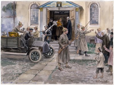 Requisition (confiscation) des tresors d#39;une eglise de Saint Petersbourg, le 5 mai 1922 - Requisition of the church treasures in Petrograd 5th May 1922 (from the series of watercolors Russian revolution) - Vladimirov, Ivan Alexeyevich (1869-1947) - 1922 द्वारा इवान अलेक्सेयेविच व्लादिमीरोव