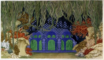 निकोलस (निकोलाई) रिमस्की कोर्साकोव (रिमस्की-कोर्साकोव) (1844-1908) द्वारा ओपेरा सदको के लिए प्रारंभिक सेटिंग। (ओपेरा सदको डे एन. रिमस्की कोर्साकोव (रिमस्की-कोर्साकोव) के लिए मंच डिजाइन। ओउवरे डे इवान याकोवलेविच बिलिबिन (बिलिबिन) (1876-1942), वॉटरकलर एट गो द्वारा इवान याकोवलेविच बिलिबिन