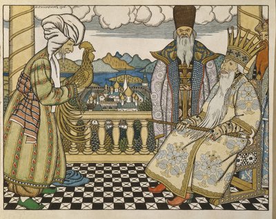 अलेक्जेंडर पुश्किन (1799-1837) की परी कथा द गोल्डन कॉकरेल के लिए चित्रण। इवान याकोवलेविच बिलिबिन (बिलिबिन) (1876-1942) द्वारा कलाकृति, कार्डबोर्ड पर पानी के रंग और स्याही से द्वारा इवान याकोवलेविच बिलिबिन