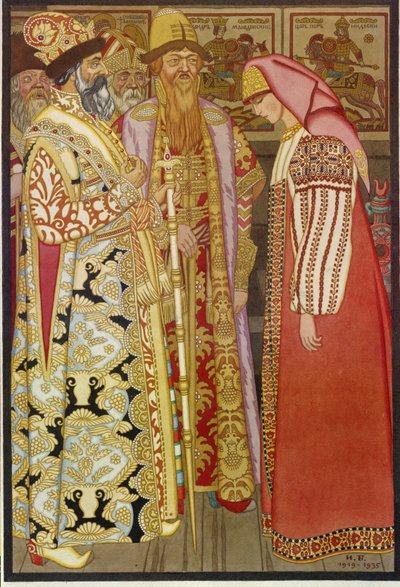 तीरंदाज की पत्नी ज़ार और उसके अनुचर के समक्ष, रूसी कहानी quot;तीरंदाज की पत्नी ज़ार और उसके अनुचर के समक्षquot; से चित्रण - इवान याकोलेविच बिलिबिन (बिलिबिन) (1876-1942) द्वारा चित्रकारी द्वारा इवान याकोवलेविच बिलिबिन