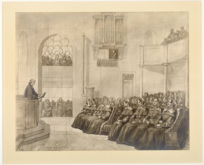 डियाकोनिसेन-कीर्चे, 1840 में कैसरवर्थ में चैपल में बधिरों को उपदेश देते पादरी फ्लिडनर द्वारा जेबी विशेष देश