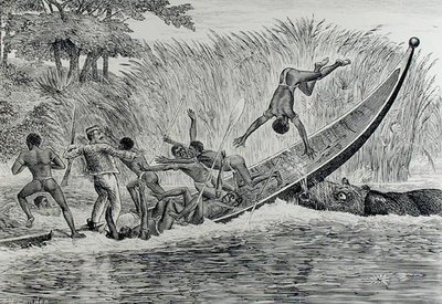 क्रोधित दरियाई घोड़ा एक नाव को परेशान करना (उत्कीर्णन) (बी/डब्ल्यू फोटो) द्वारा जेएम कॉर्नर