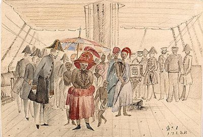 नौसेना पोत पर पश्चिम अफ्रीकी प्रमुख, c.1850 (कागज पर जल रंग और पेंसिल) द्वारा जेटीसी वेब