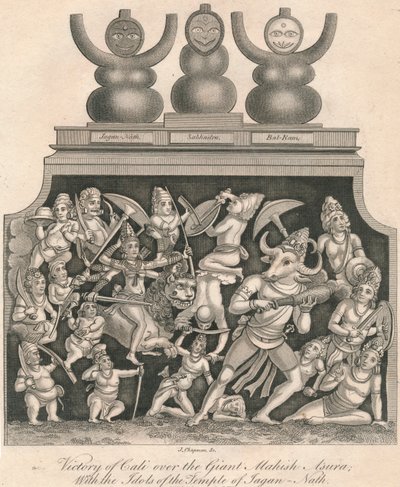जगन-नाथ, 1809 के मंदिर की मूर्तियों के साथ विशाल महिष असुर पर कैली की विजय। द्वारा जे। चैपमैन