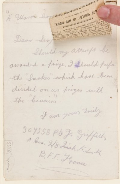 लिवरपूल वीकली कूरियर, 1917 के प्रतियोगिता संपादक को पत्र द्वारा जे। ग्रिफ़िथ्स