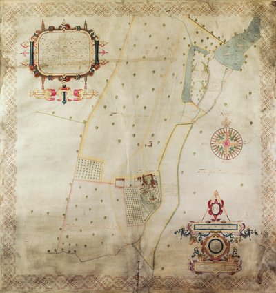 शिफनल, शॉर्पशायर के मनोर का मानचित्र, 1635 (वेल्लम पर स्याही का रंग) द्वारा जे। हैरिसन
