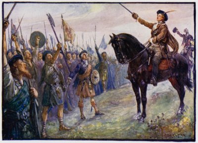 25 वर्षीय बोनी प्रिंस चार्ली ने अपने सैनिकों को संबोधित करते हुए, 1745 के जैकबाइट राइजिंग द्वारा जेआर स्केल्टन