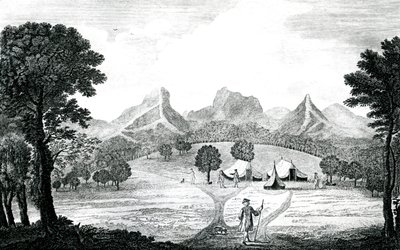 जुआन फर्नांडीस के द्वीप पर कमोडोर तम्बू का एक दृश्य, c.1745 (उत्कीर्णन) द्वारा जेएस मेसन