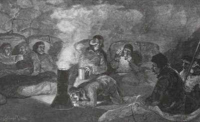 खाना पकाने के दौरान, 1883 पब में कैंप क्ले में हमारे शीतकालीन हट का इंटीरियर। लंदन 1886 द्वारा जे। स्टीपल डेविस