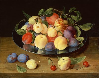 एक प्यूटर प्लेट (तेल) पर प्लम और आड़ू द्वारा Jacob van Hulsdonck