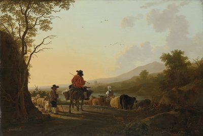 कैटल ड्राइवर और शेफर्ड के साथ लैंडस्केप, c.1780-85 द्वारा जैकब वान स्ट्रिज