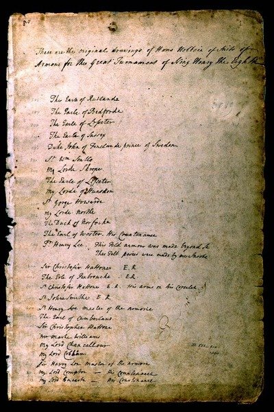 एक अलिज़बेटन आर्मरर्स एल्बम से कवच के सूट का सूचकांक, c.1589 द्वारा जैकोब हलदर