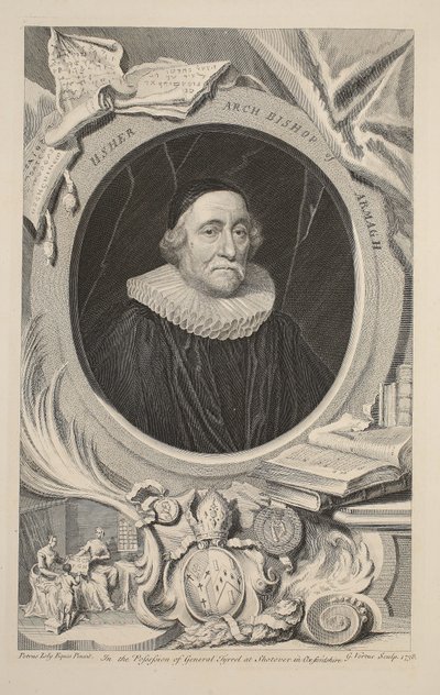 उशेर का चित्रण, आर्मग का आर्कबिशप, &39;ग्रेट ब्रिटेन के शानदार व्यक्तियों के प्रमुख&39; का चित्रण, पब। नॅप्टन द्वारा, लंदन 1742 द्वारा जेकोबस हाउब्रेकेन