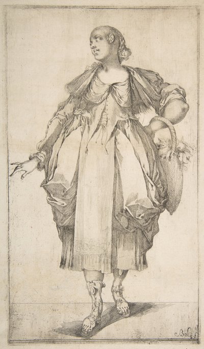 Hortulanae श्रृंखला, 1612-16 से उसके हाथ पर एक टोकरी के साथ माली। द्वारा जाक बेलांगे