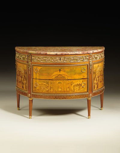 लुईस XVI कमोड, c.1770-75 (ऑरमोलु घुड़सवार ट्यूलिपवुड, फ्रूटवुड, गूलर, अमरनाथ और मोती की माँ) (यह भी देखें 714754-55) द्वारा जैक्स बर्कले