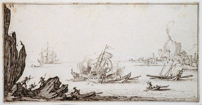 बंदरगाह की दृष्टि में पाल के नीचे एक मैन-ओ-वॉर द्वारा एक गैली घुसा, c.1617 (कागज पर कलम और भूरे रंग की स्याही) द्वारा जैक्स कैलोट