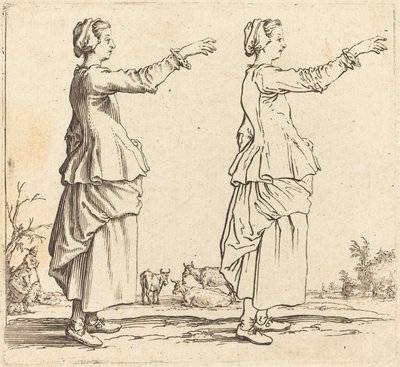 किसान महिला, प्रोफ़ाइल में, दाहिनी ओर मुड़ी हुई, भुजा विस्तारित, 1617 और 1621 के साथ। द्वारा जैक्स कैलोट