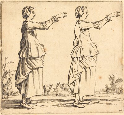 किसान महिला, प्रोफ़ाइल में, दाहिनी ओर मुड़ी हुई, भुजा विस्तारित, 1617 और 1621 के साथ। द्वारा जैक्स कैलोट