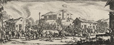 एक गाँव को लूटना और जलाना, 1633 (कागज पर अंकित करना) द्वारा जैक्स कैलोट