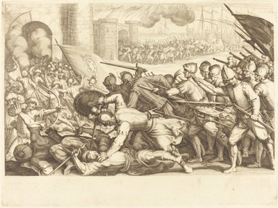 एक कस्बे के द्वार पर बलपूर्वक प्रवेश करने वाले सैनिक, c. 1614. द्वारा जैक्स कैलोट