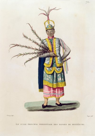 गुआम का द्वीप: मोंटेज़ुमा के नृत्यों के प्रमुख चरित्र, &39;यात्रा अराउंड द कार्वेट ऑफ़ द यूरेनिया 1817-20&39; से रोजर द्वारा प्रकाशित, 1825 में द्वारा जैक्स एटीन विक्टर अरागो