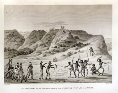 शार्क बे, पेरोन प्रायद्वीप, न्यू हॉलैंड: नेटिव्स के साथ बैठक, &39;यात्रा अराउंड द वर्ल्ड ऑफ द कॉरेवेट्स ऑन यूरेनिया 1817-20&39; द्वारा डुप्रे द्वारा उत्कीर्ण, 1825 प्रकाशित द्वारा जैक्स एटीन विक्टर अरागो