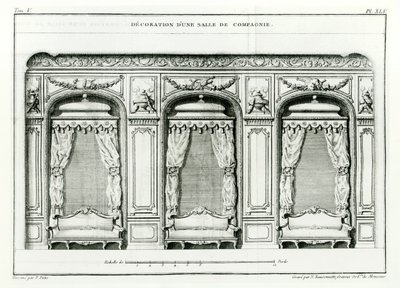 एक स्मार्ट पेरिसियन ड्रॉइंग रूम, 1770 के शुरू में कोर्ट डी आक्रिटेक्ट्योर, पेरिस, ब्लोंडेल, जैक्स-फ्रेंकोइस (1705-74) श्रृंखला से 6 संस्करणों में प्रकाशित, उनकी मृत्यु के बाद पियरे पट्टे द्वारा पूरा द्वारा जैक्स फ्रांस्वा ब्लोंडेल