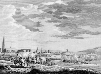 फ्रांसीसी क्रांति और क्रांतिकारी विरोधी आंदोलनों का युद्ध: 1793 में ब्रिटिश और ऑस्ट्रियाई क्रांतिकारी विरोधी सैनिकों के खिलाफ डनकर्क के पास होंंडशूट की लड़ाई की फ्रांसीसी जीत। स्वेबैक के बाद बर्थौट द्वारा उत्कीर्णन। पेरिस, संस्थान का पुस्तकालय द्वारा जैक्स फ्रेंकोइस जोसेफ स्वेबाक