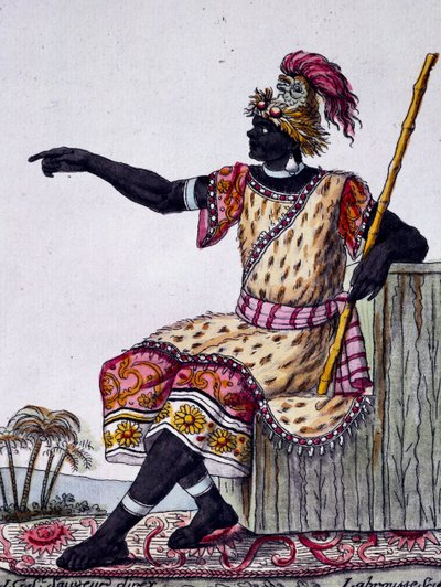 लोआंगो के राजा, लैब्रोस (सक्रिय 1796) द्वारा ड्राइंग से रंग उत्कीर्णन, इनसाइक्लोपीडिया ऑफ वॉयेज से, जैक्स ग्रासेट डी सेंट-सौवेर (1757-1810) द्वारा द्वारा जैक्स ग्रासेट डी सेंट सौवेउर