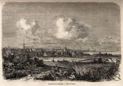 कोपेनहेगन का सामान्य दृश्य, 1860 में जेएम दारगौड की डेनमार्क (1800-1860) की यात्रा को चित्रित करने के लिए जैक्स गिआउड (1810-1876) द्वारा चित्रित। एडौर्ड चार्टन द्वारा संपादित "" ले टूर डू मोंडे" में उत्कीर्णन द्वारा जैक्स गुआयूद