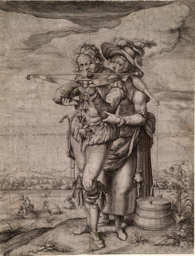 L'arbaletrier et la laitire - The Crossbowman and the Milkmaid - Gheyn, Jacques de, the Younger (Jacob De Gheyn II, dit le Jeune) (1565-1629) - c. 1610 - तांबे की नक्काशी - 39,3x30 - निजी संग्रह द्वारा जैक्स II डी घेन