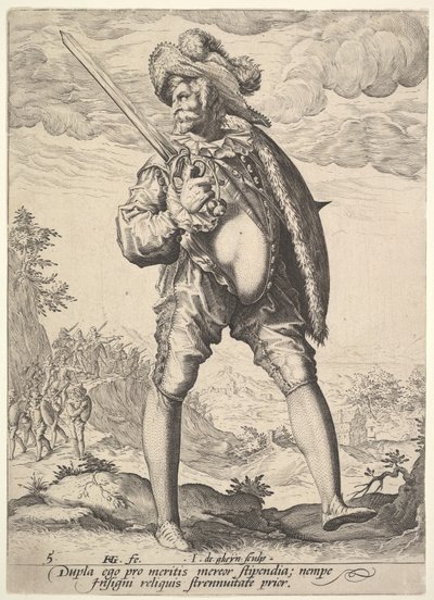 सैनिक, अफसर और सैनिक, ब्रॉडवेर्ड और शील्ड के साथ सशस्त्र, 1587। द्वारा जैक्स II डी घेन