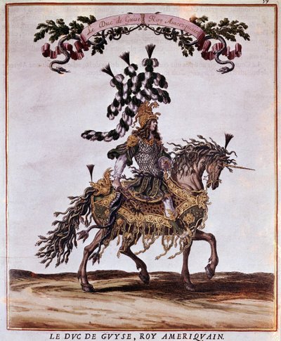 हिंडोला 1662 की पांडुलिपि। अमेरिकी राजा में ड्यूक ऑफ गुइज़, 1662 के कैरोसेल में भाग लेते हुए (लुई XIV के शासनकाल में पेरिस में आयोजित दावत)। जैक्स आई बैली द्वारा चित्रण (1629 - 1679)। द्वारा जैक्स आई बेली