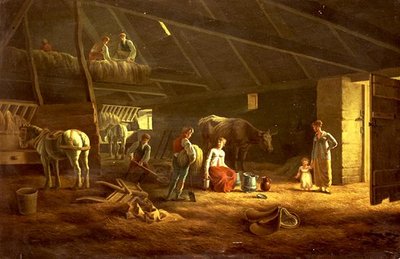 एक खलिहान में एक मिल्कमेड, फार्महैंड और हल घोड़े द्वारा जैक्स लॉरेंट (सर्कल) अगासे