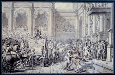 16/12/1804 को होटल डे विले डे पेरिस में सम्राट नेपोलियन I (1769-1821) की गाड़ी का आगमन उनकी सरकार के अवसर पर जैक्स लुई डेविड (1748-1825) 1804 सन द्वारा किया गया था। 0,26x0,4 मीटर पेरिस, मुसी डू लौवर द्वारा जैक्स लुई डेविड