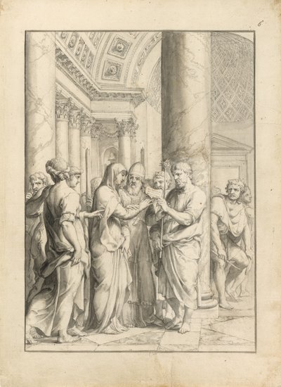 वर्जिन की शादी, c.1640 (कलम और काली स्याही, ब्रश और ग्रे और पीले भूरे रंग के धुलाई और ग्रेफाइट के साथ, पाइकड क्रीम रखी कागज पर) द्वारा जैक्स स्टेला