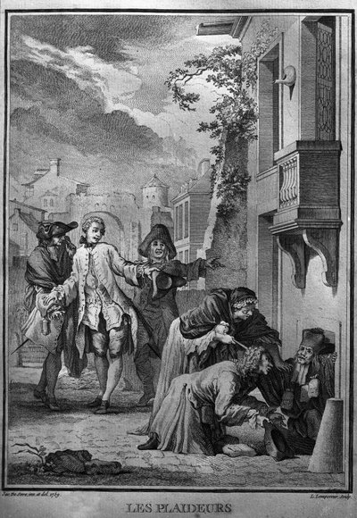 जीन रैसीन (1639-1699), फ्रांसीसी दुखद कवि के कार्यों के लिए जैक्स डी सेव के बाद लेस प्लेडर्स चित्रण। 1760 की नक्काशी। द्वारा जैक्स डी (बाद में) परोसें