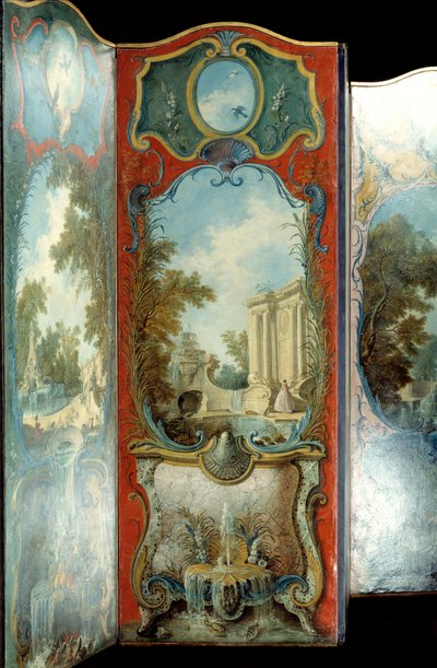 फर्नीचर: जैक्स डी लाजौ (1686-1761) 18 वीं शताब्दी द्वारा मैरूफल पेपर पर पेंटिंग स्क्रीन द्वारा जैक्स डी लाजौ