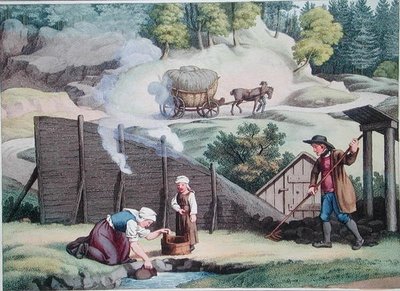 ऑस्ट्रिया में लकड़ी का कोयला बनाना, पेरिस 1821 में प्रकाशित अलेक्जेंड्रे डी लेबोर्डे द्वारा 'वॉयेज पिटोरेस्क एन ऑट्रिच' से चित्रण (रंग उत्कीर्णन) द्वारा जेकब (बाद में) गौरमन्न