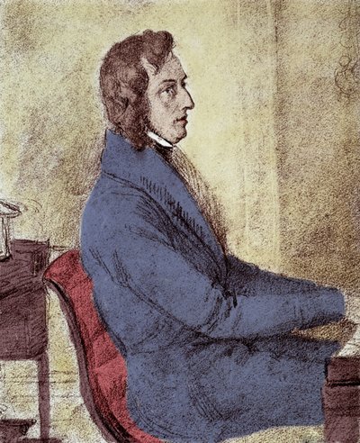 फ़्रेडरिक चोपिन का पोर्ट्रेट (1810-1849), पोलिश संगीतकार। - गोट्ज़ेनबर्गर द्वारा ड्राइंग द्वारा जकोब गोएत्जनबर्गर