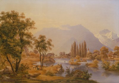 क्लोइस्टर (तेल) के चर्च के साथ आरे नदी और इंटरलेकन का एक दृश्य द्वारा जकोब्यूटर