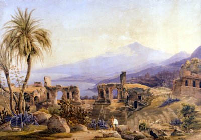 सिसिली में ताओरमिना: खंडहर और एटना। जैकब सटर द्वारा पेंटिंग, लगभग 1850। द्वारा जकोब्यूटर