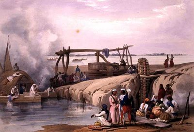 हेनरी ग्रेव्स द्वारा प्रकाशित चार्ल्स हाघे (1810-88) और लुई हाघे (1806-85) द्वारा उकेरी गई 'स्केच इन अफ़ग़ानिस्तान' से पंजाब में सतलेज नदी पर एक दृश्य द्वारा जेम्स (बाद में) एटकिंसन