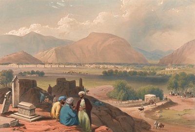 'काबुल [sic], माउंटेन रिज पर एक दफन मैदान से, शहर के उत्तर-पूर्व' (लिथोग्राफ, रंगा हुआ) द्वारा जेम्स (बाद में) एटकिंसन