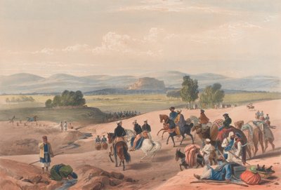 'द अप्रोच टू द फोर्ट्रेस ऑफ क्वेटा [sic]', c.1839 (लिथोग्राफ, रंगा हुआ) द्वारा जेम्स (बाद में) एटकिंसन