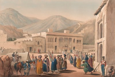 'शाह शूजाह-उल-मूलक का दरबार-खानेह, काबौल में [sic]', c.1840 (लिथोग्राफ, रंगा हुआ) द्वारा जेम्स (बाद में) एटकिंसन